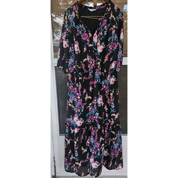 Boutique Womens Plus Size 2x Black Floral Maxi Dress Boho - Picture 1 of 10